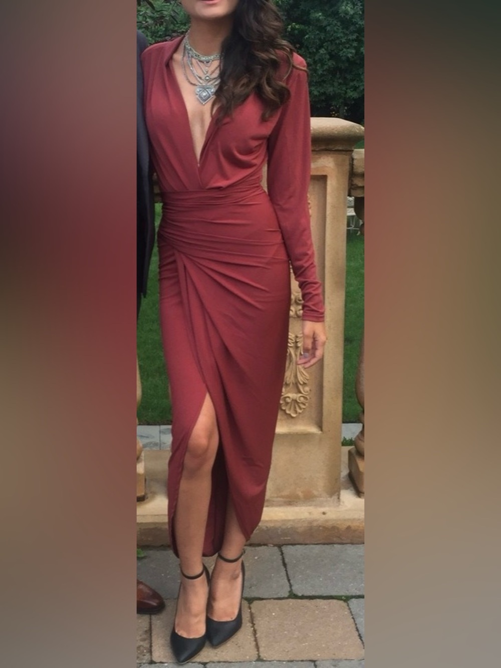 Deep Rust Long-Sleeve Wrap Ruched Midi Dress